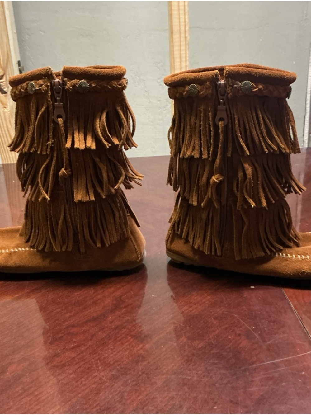 Minnetonka Brown Suede Fringe 3 layer Moccasin Boots Sz 7. 1077 - Picture 8 of 15